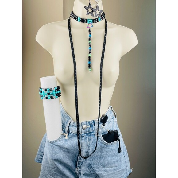 Kandi kids by Mitzie Jewelry - 8pc glow choker binky cord cuff wallet bag phone lanyard earrings blk turquoise